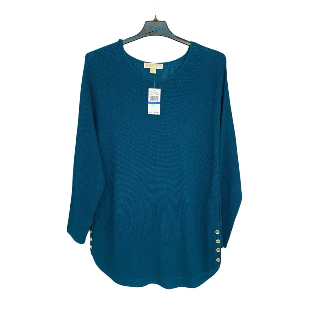 Michael Kors XL Luxe Teal Knit Tunic‎ Sweater Top Button Accents Dolman Sleeve